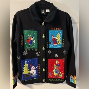 Christmas Grannycore Fleece Cotton Collared Jacket Festive Design Cozy Snowman